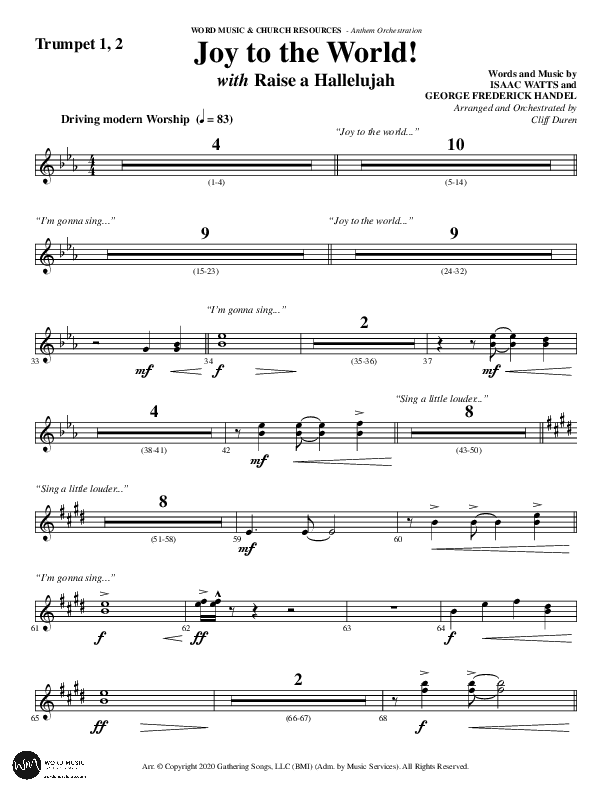 Joy To The World with Raise A Hallelujah (Choral Anthem SATB) Trumpet 1,2 (Word Music Choral / Arr. Cliff Duren)