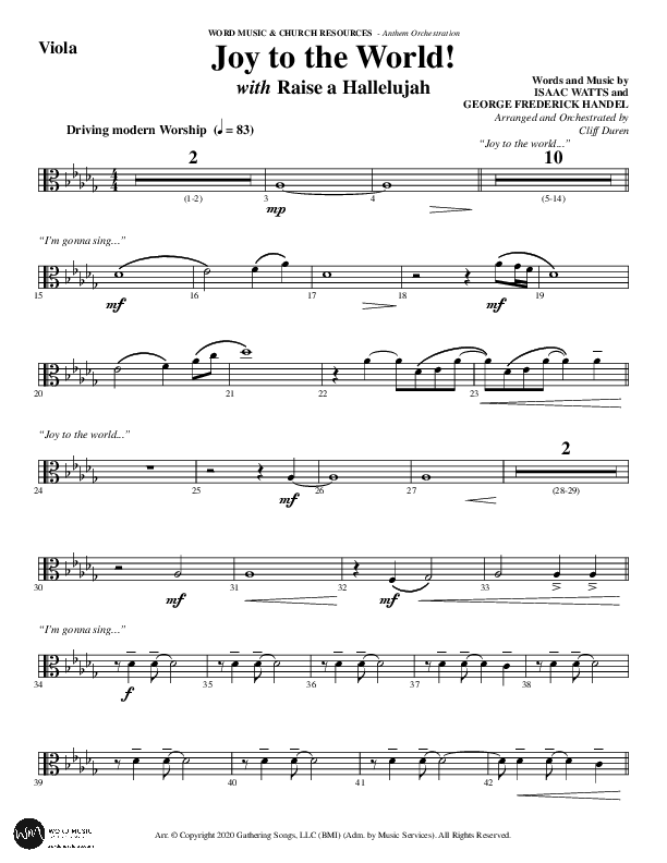 Joy To The World with Raise A Hallelujah (Choral Anthem SATB) Viola (Word Music Choral / Arr. Cliff Duren)