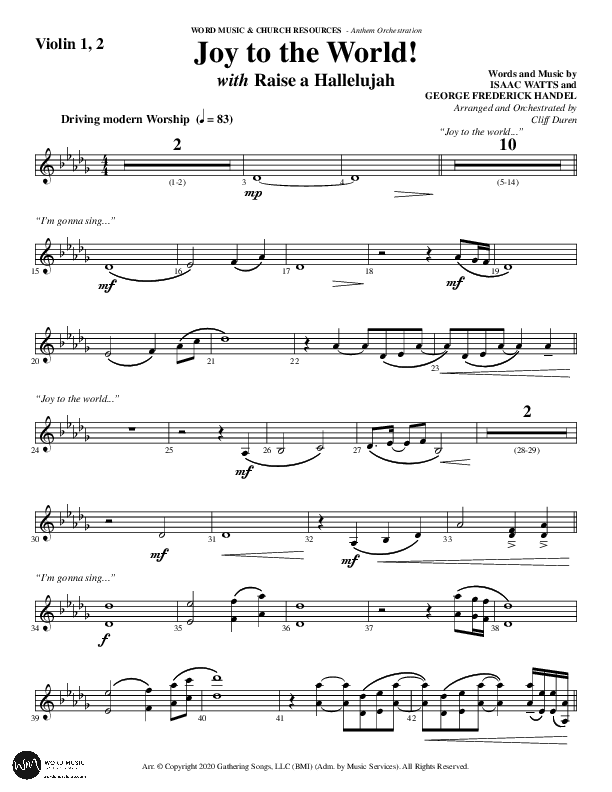 Joy To The World with Raise A Hallelujah (Choral Anthem SATB) Violin 1/2 (Word Music Choral / Arr. Cliff Duren)