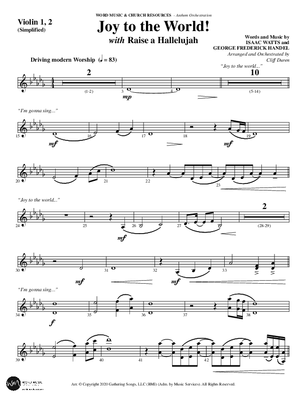 Joy To The World with Raise A Hallelujah (Choral Anthem SATB) Violin 1/2 (Word Music Choral / Arr. Cliff Duren)