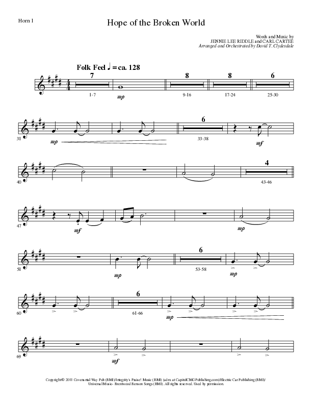 Hope Of The Broken World (Choral Anthem SATB) French Horn 1 (Lillenas Choral / Arr. David Clydesdale)