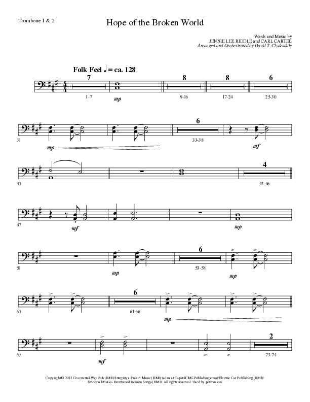 Hope Of The Broken World (Choral Anthem SATB) Trombone 1/2 (Lillenas Choral / Arr. David Clydesdale)