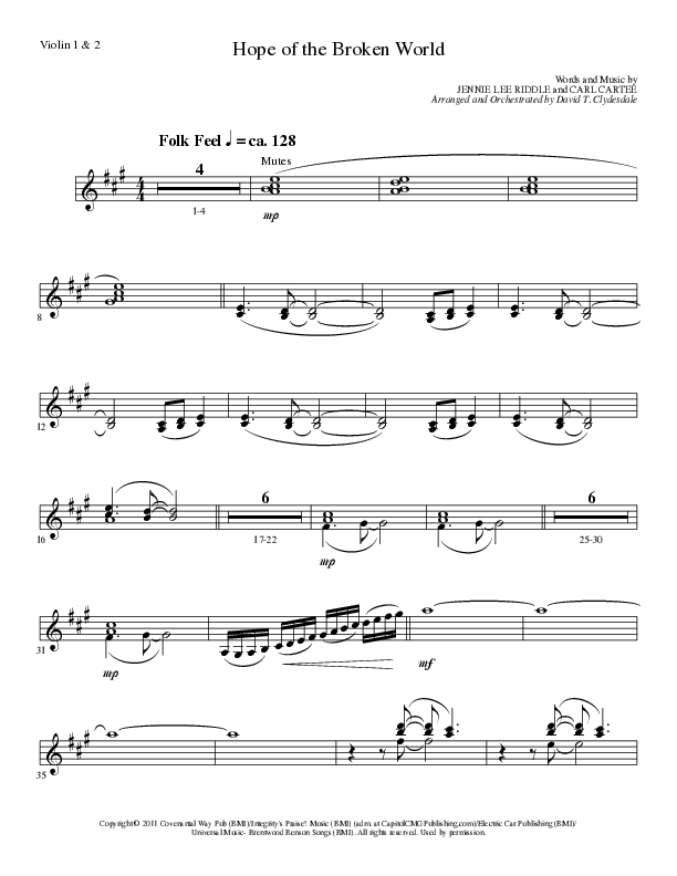 Hope Of The Broken World (Choral Anthem SATB) Violin 1/2 (Lillenas Choral / Arr. David Clydesdale)