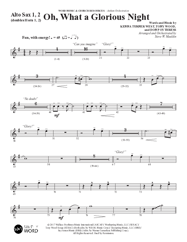 Oh What A Glorious Night (Choral Anthem SATB) Alto Sax 1/2 (Word Music Choral / Arr. Steve Mauldin)