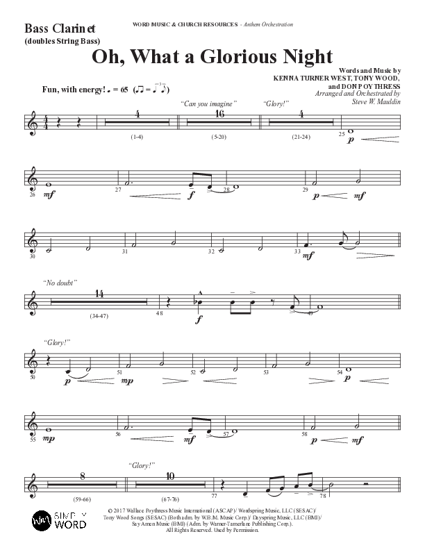 Oh What A Glorious Night (Choral Anthem SATB) Bass Clarinet (Word Music Choral / Arr. Steve Mauldin)