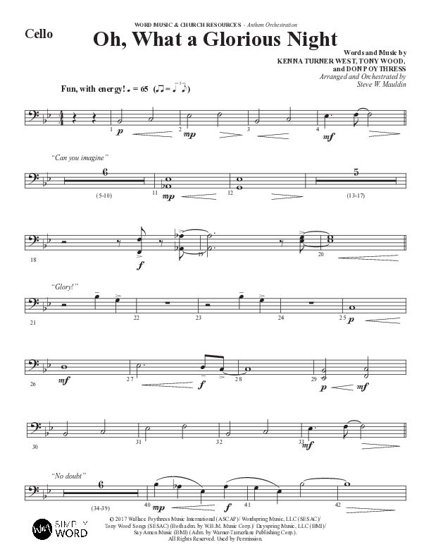 Oh What A Glorious Night (Choral Anthem SATB) Cello (Word Music Choral / Arr. Steve Mauldin)