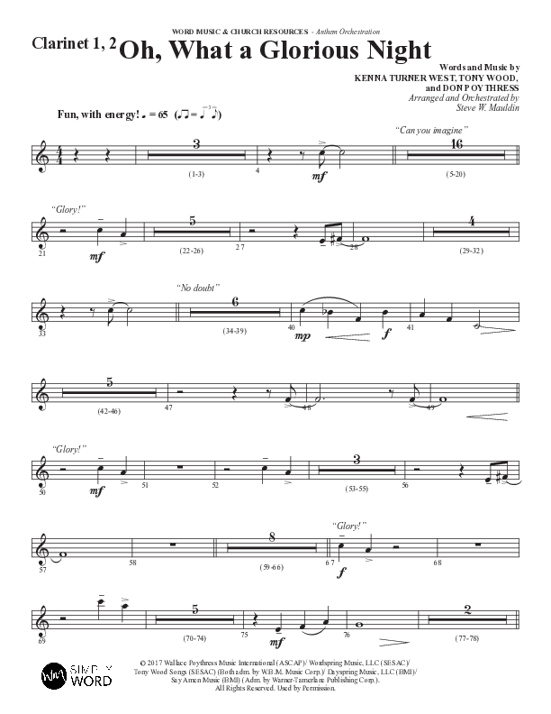 Oh What A Glorious Night (Choral Anthem SATB) Clarinet 1/2 (Word Music Choral / Arr. Steve Mauldin)