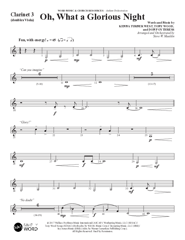 Oh What A Glorious Night (Choral Anthem SATB) Clarinet 3 (Word Music Choral / Arr. Steve Mauldin)