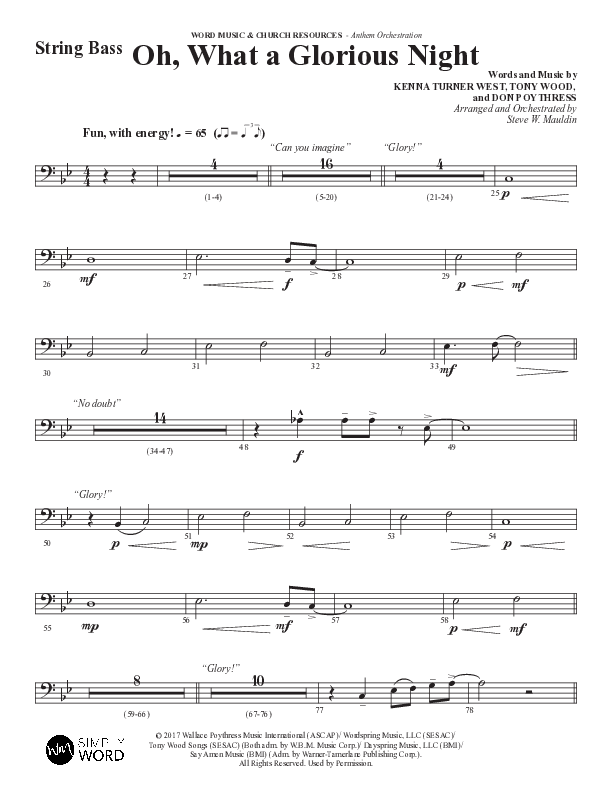 Oh What A Glorious Night (Choral Anthem SATB) Double Bass (Word Music Choral / Arr. Steve Mauldin)