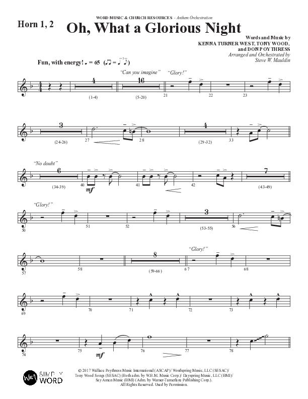 Oh What A Glorious Night (Choral Anthem SATB) French Horn 1/2 (Word Music Choral / Arr. Steve Mauldin)