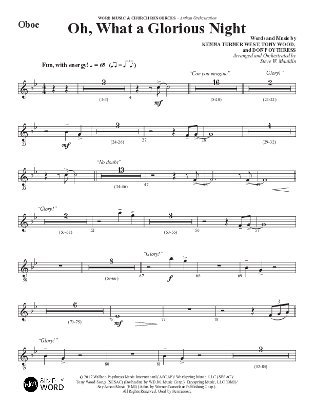 Oh What A Glorious Night (Choral Anthem SATB) Oboe (Word Music Choral / Arr. Steve Mauldin)