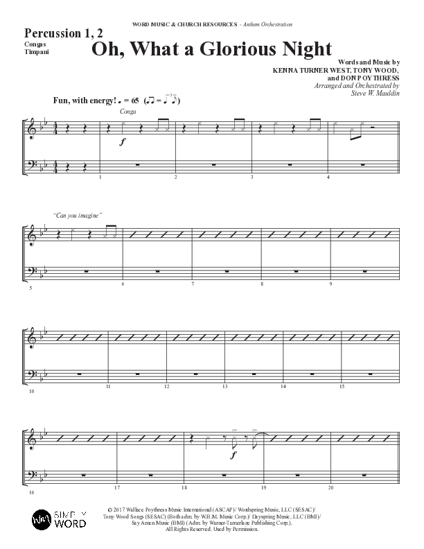Oh What A Glorious Night (Choral Anthem SATB) Percussion 1/2 (Word Music Choral / Arr. Steve Mauldin)