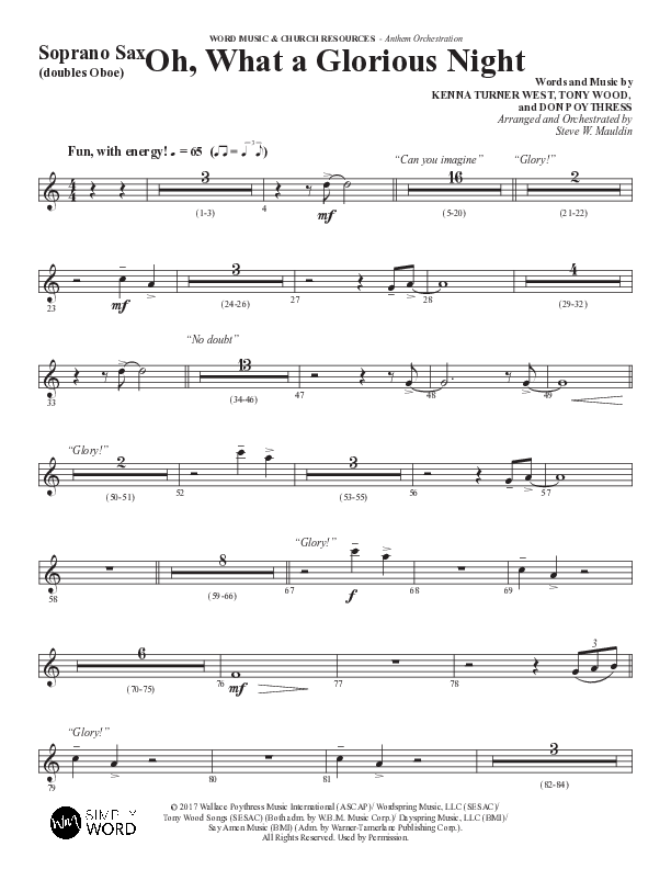 Oh What A Glorious Night (Choral Anthem SATB) Soprano Sax (Word Music Choral / Arr. Steve Mauldin)