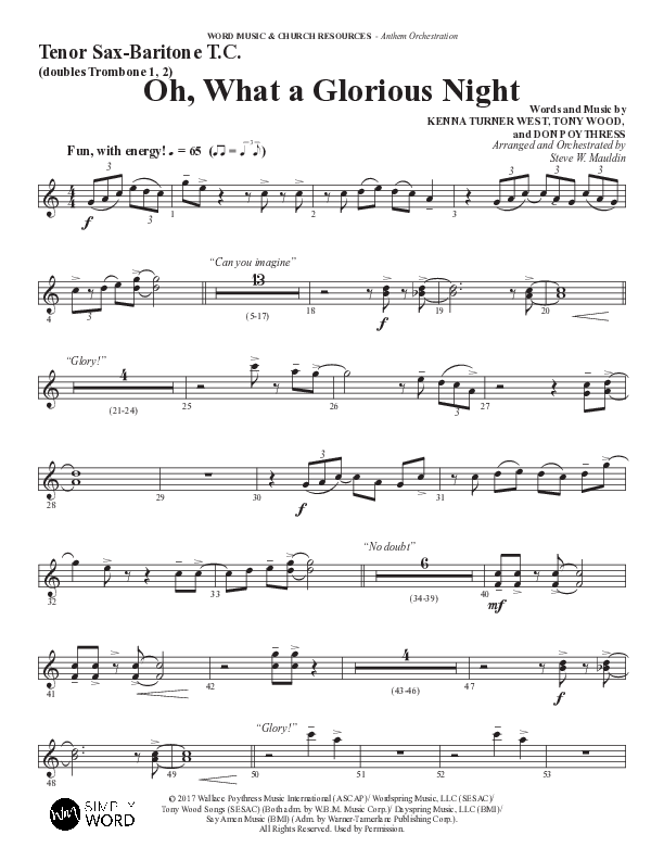Oh What A Glorious Night (Choral Anthem SATB) Tenor Sax/Baritone T.C. (Word Music Choral / Arr. Steve Mauldin)