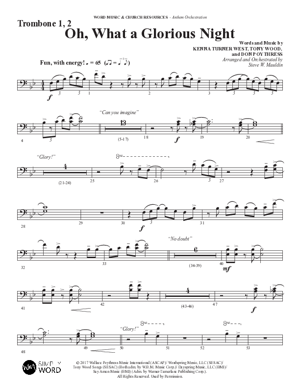 Oh What A Glorious Night (Choral Anthem SATB) Trombone 1/2 (Word Music Choral / Arr. Steve Mauldin)