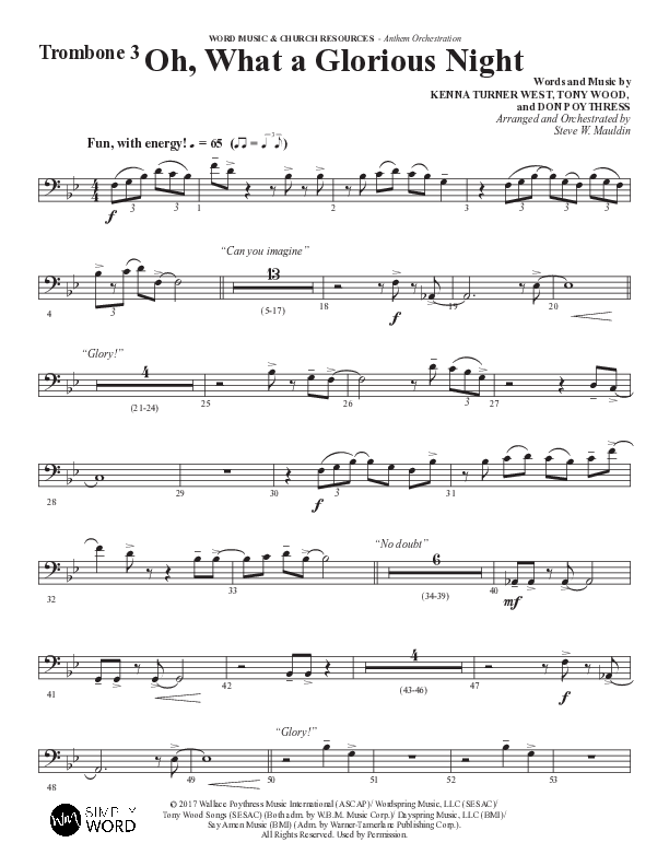 Oh What A Glorious Night (Choral Anthem SATB) Trombone 3 (Word Music Choral / Arr. Steve Mauldin)