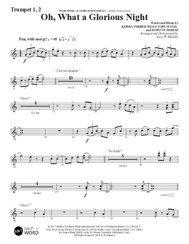 Oh What A Glorious Night (Choral Anthem SATB) Trumpet 1,2 (Word Music Choral / Arr. Steve Mauldin)