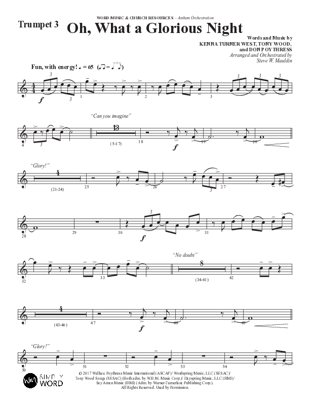 Oh What A Glorious Night (Choral Anthem SATB) Trumpet 3 (Word Music Choral / Arr. Steve Mauldin)