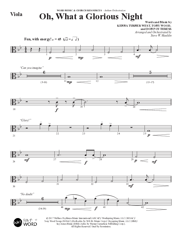 Oh What A Glorious Night (Choral Anthem SATB) Viola (Word Music Choral / Arr. Steve Mauldin)