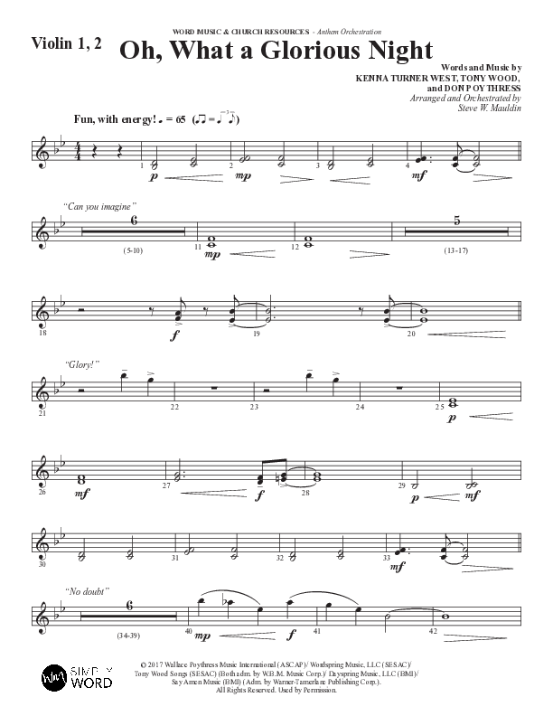 Oh What A Glorious Night (Choral Anthem SATB) Violin 1/2 (Word Music Choral / Arr. Steve Mauldin)