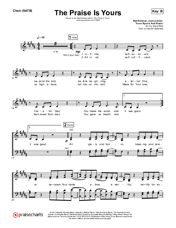 The Praise Is Yours (Live) Choir Sheet (SATB) (Matt Redman)