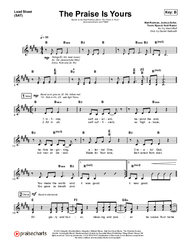 The Praise Is Yours (Live) Lead Sheet (SAT) (Matt Redman)