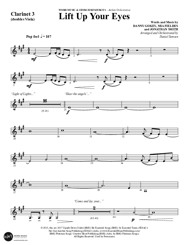 Lift Up Your Eyes (Choral Anthem SATB) Clarinet 3 (Word Music Choral / Arr. Daniel Semsen)