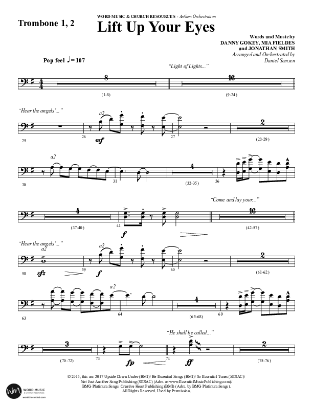 Lift Up Your Eyes (Choral Anthem SATB) Trombone 1/2 (Word Music Choral / Arr. Daniel Semsen)