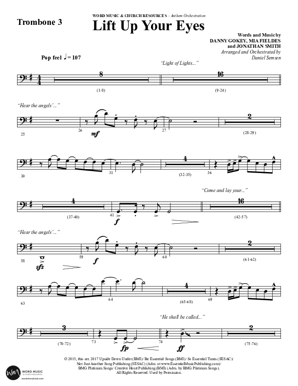Lift Up Your Eyes (Choral Anthem SATB) Trombone 3 (Word Music Choral / Arr. Daniel Semsen)