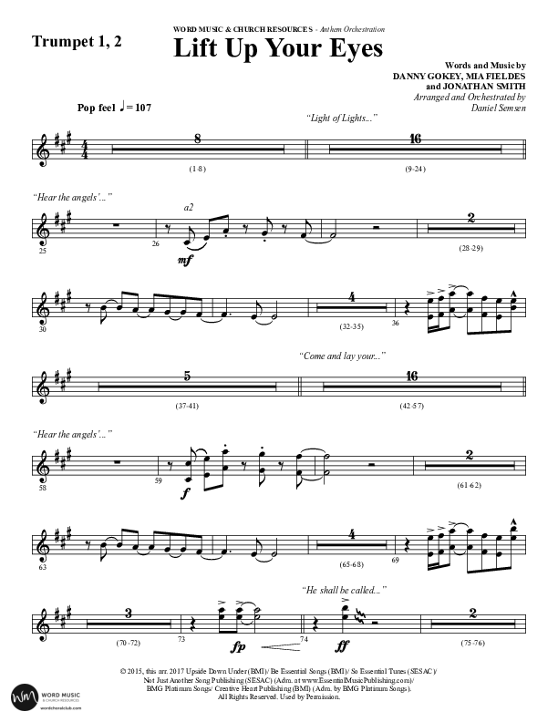 Lift Up Your Eyes (Choral Anthem SATB) Trumpet 1,2 (Word Music Choral / Arr. Daniel Semsen)