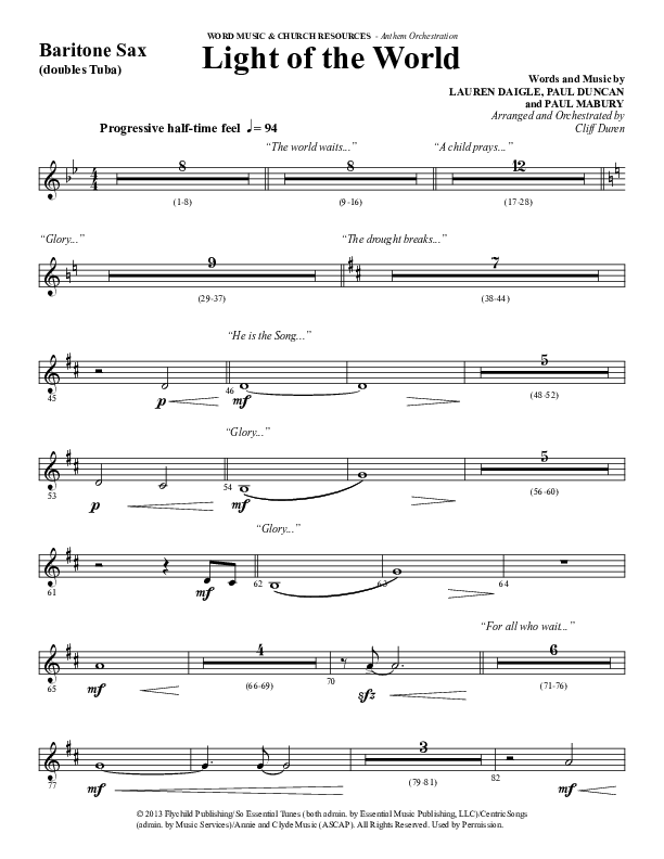 Light Of The World (Choral Anthem SATB) Bari Sax (Word Music Choral / Arr. Cliff Duren)