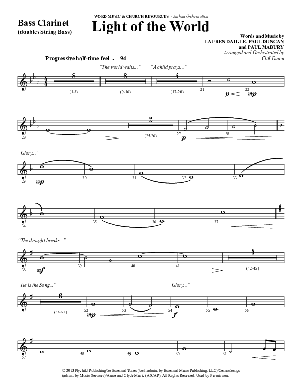 Light Of The World (Choral Anthem SATB) Bass Clarinet (Word Music Choral / Arr. Cliff Duren)