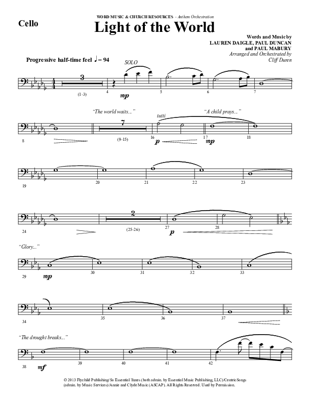 Light Of The World (Choral Anthem SATB) Cello (Word Music Choral / Arr. Cliff Duren)