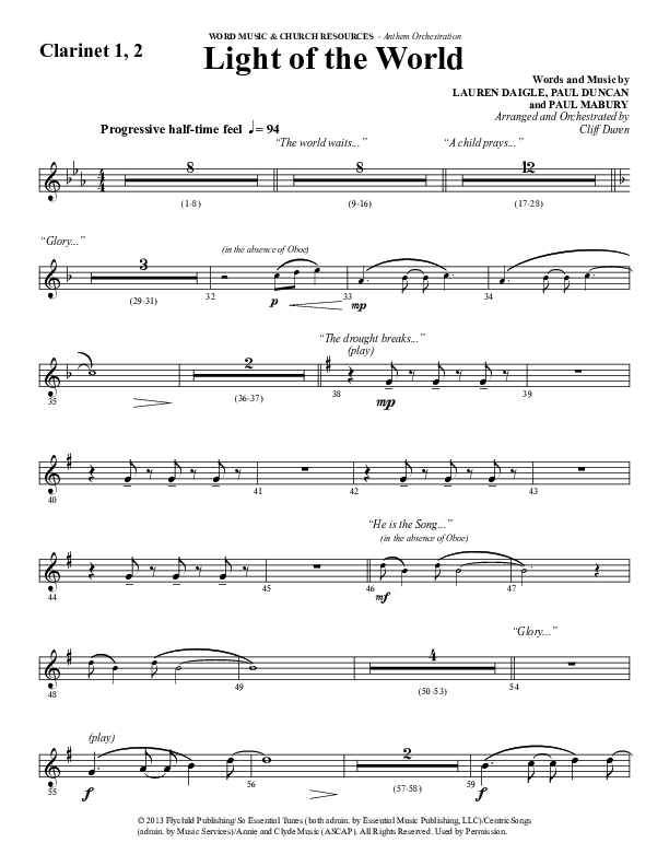 Light Of The World (Choral Anthem SATB) Clarinet 1/2 (Word Music Choral / Arr. Cliff Duren)
