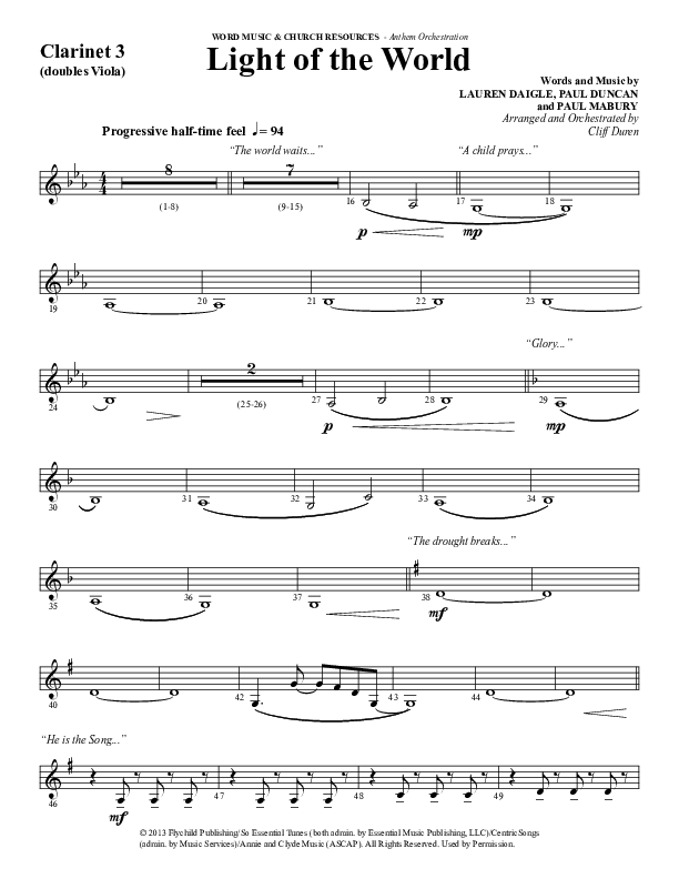 Light Of The World (Choral Anthem SATB) Clarinet 3 (Word Music Choral / Arr. Cliff Duren)