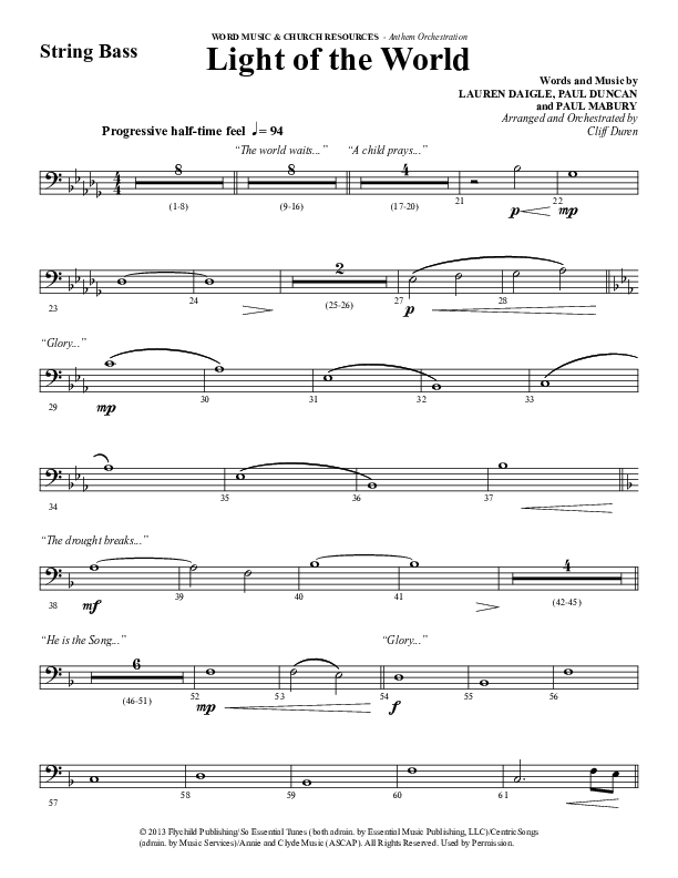 Light Of The World (Choral Anthem SATB) Double Bass (Word Music Choral / Arr. Cliff Duren)