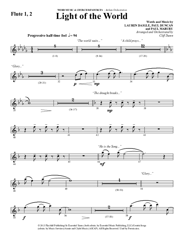 Light Of The World (Choral Anthem SATB) Flute 1/2 (Word Music Choral / Arr. Cliff Duren)