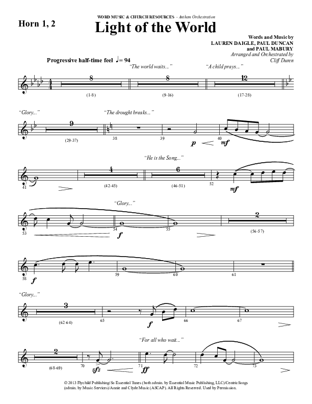 Light Of The World (Choral Anthem SATB) French Horn 1/2 (Word Music Choral / Arr. Cliff Duren)