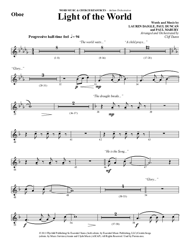 Light Of The World (Choral Anthem SATB) Oboe (Word Music Choral / Arr. Cliff Duren)