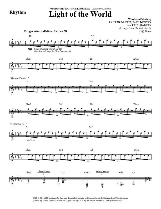 Light Of The World (Choral Anthem SATB) Rhythm Chart (Word Music Choral / Arr. Cliff Duren)