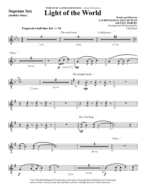 Light Of The World (Choral Anthem SATB) Soprano Sax (Word Music Choral / Arr. Cliff Duren)