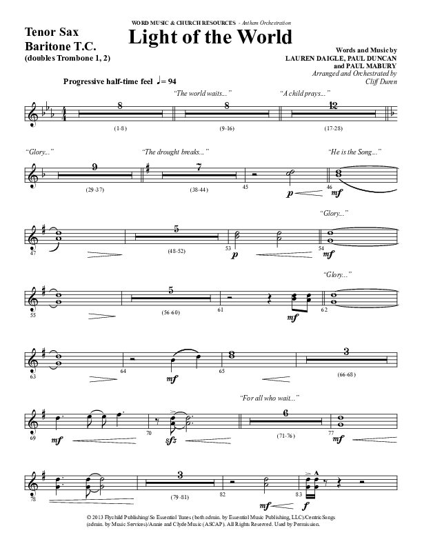 Light Of The World (Choral Anthem SATB) Tenor Sax/Baritone T.C. (Word Music Choral / Arr. Cliff Duren)