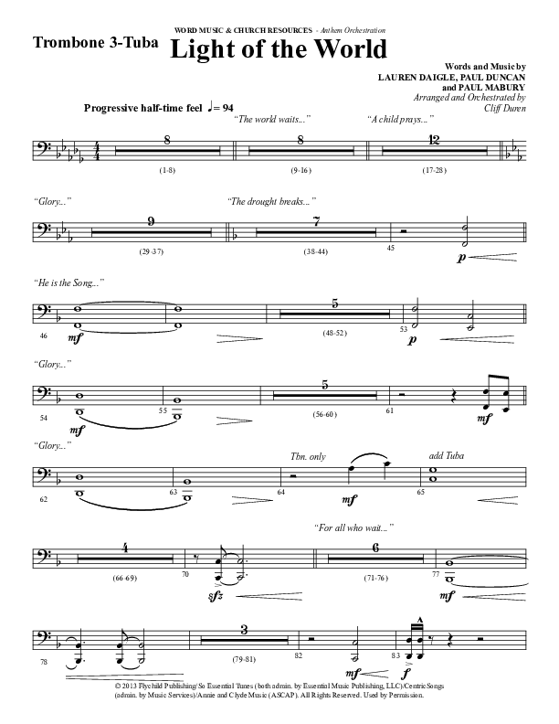 Light Of The World (Choral Anthem SATB) Trombone 3/Tuba (Word Music Choral / Arr. Cliff Duren)