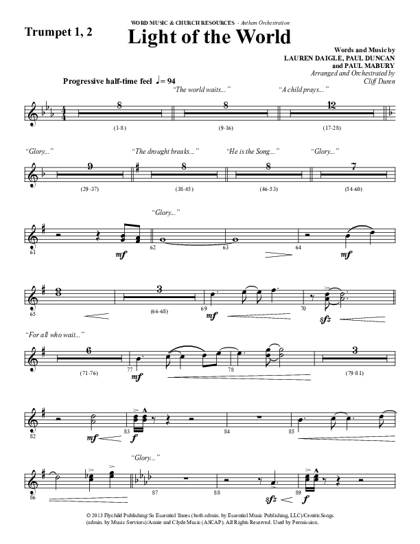 Light Of The World (Choral Anthem SATB) Trumpet 1,2 (Word Music Choral / Arr. Cliff Duren)