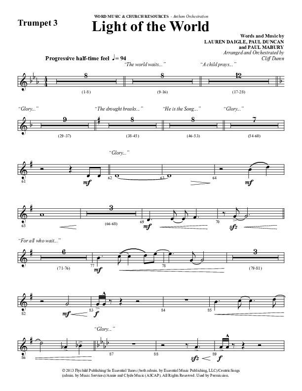 Light Of The World (Choral Anthem SATB) Trumpet 3 (Word Music Choral / Arr. Cliff Duren)