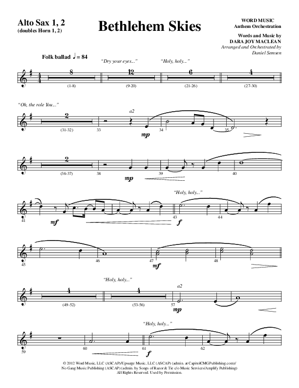 Bethlehem Skies (Choral Anthem SATB) Alto Sax 1/2 (Word Music Choral / Arr. Daniel Semsen)