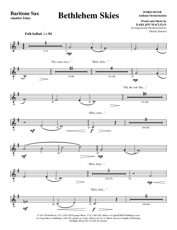 Bethlehem Skies (Choral Anthem SATB) Bari Sax (Word Music Choral / Arr. Daniel Semsen)