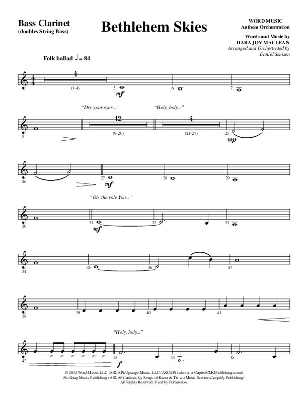 Bethlehem Skies (Choral Anthem SATB) Bass Clarinet (Word Music Choral / Arr. Daniel Semsen)