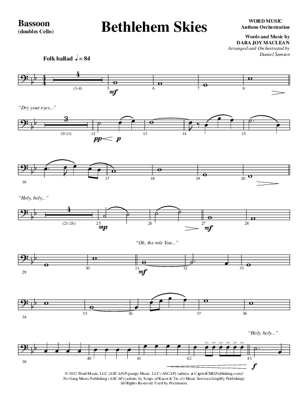 Bethlehem Skies (Choral Anthem SATB) Bassoon (Word Music Choral / Arr. Daniel Semsen)