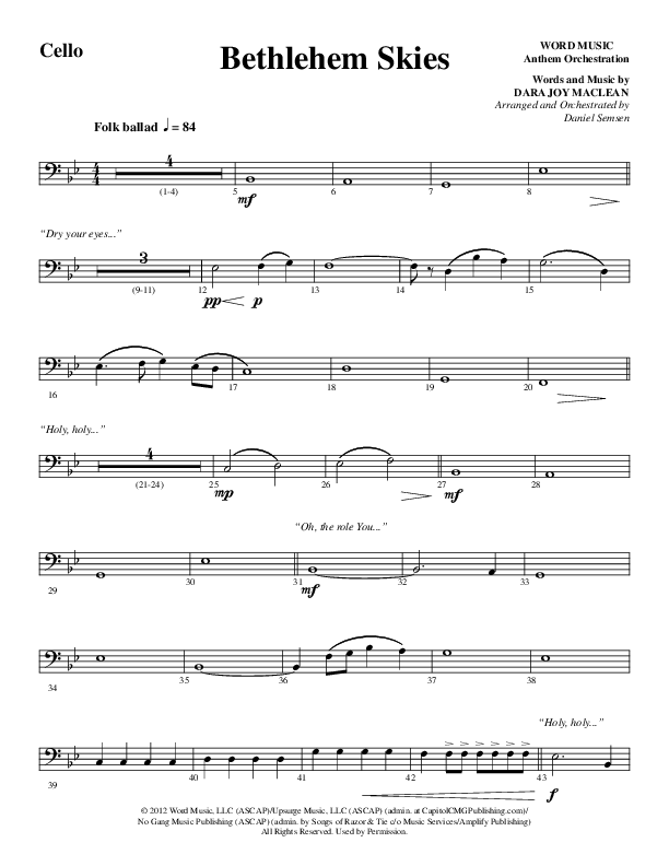 Bethlehem Skies (Choral Anthem SATB) Cello (Word Music Choral / Arr. Daniel Semsen)